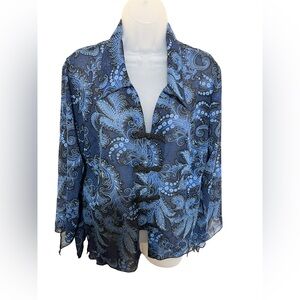 Dressbarn XL Y2K Paisley Glitter Frog Closure Shirt Bell Split Sleeve Blue Black